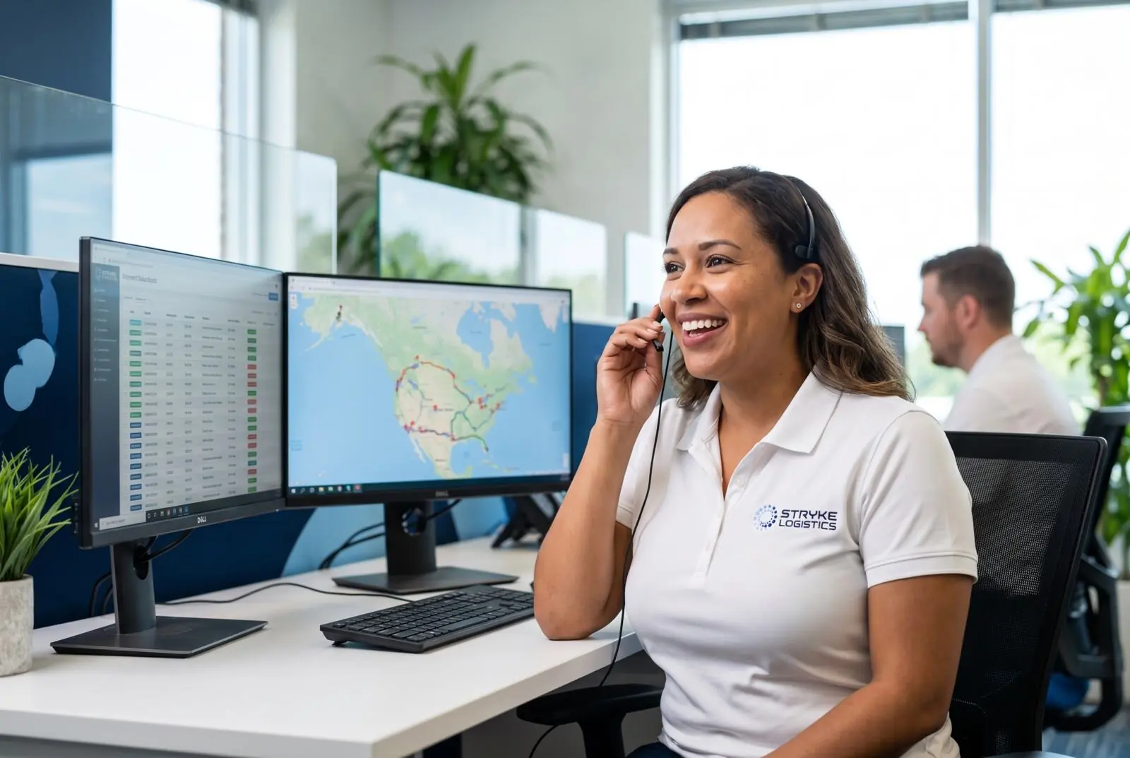 Stryke Logistics coordinator on a headset with a shipment board on screen