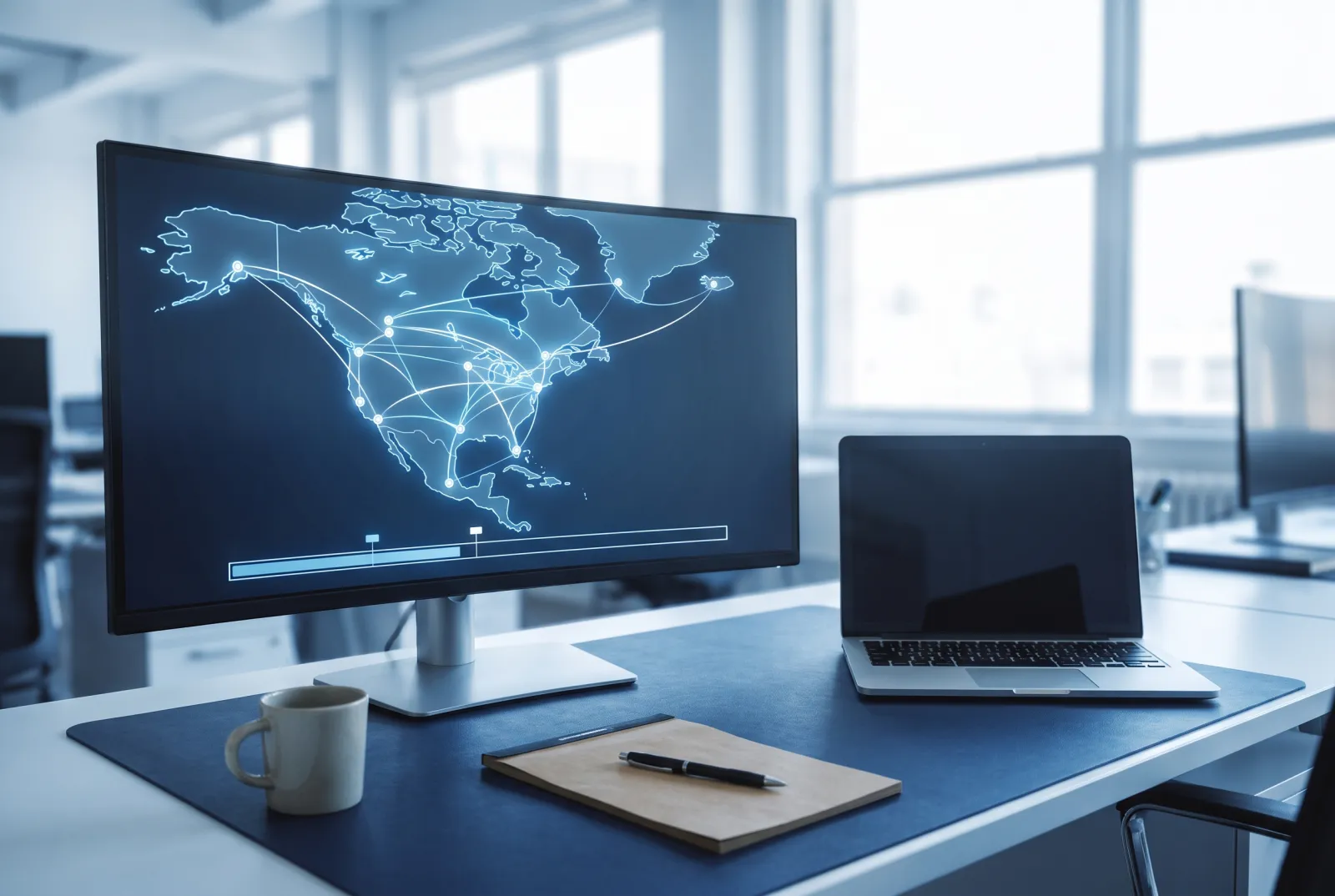Freight planning desk with a North American lane map on screen
