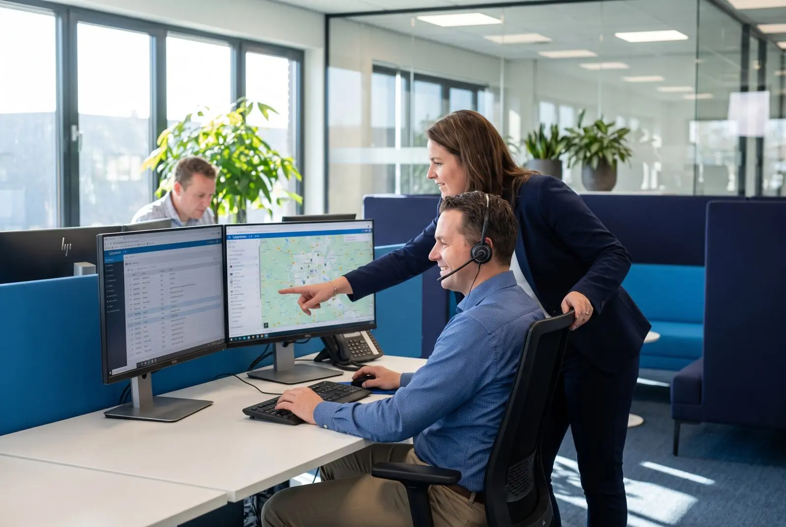 Dispatch team reviewing a shipment tracking map on office monitors
