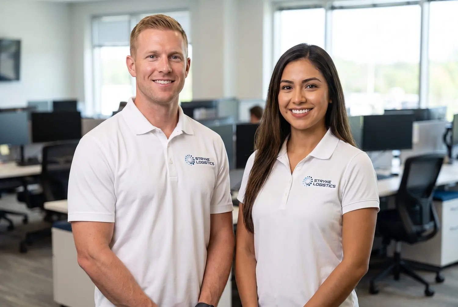 Two Stryke Logistics account managers in branded polo shirts on the operations floor