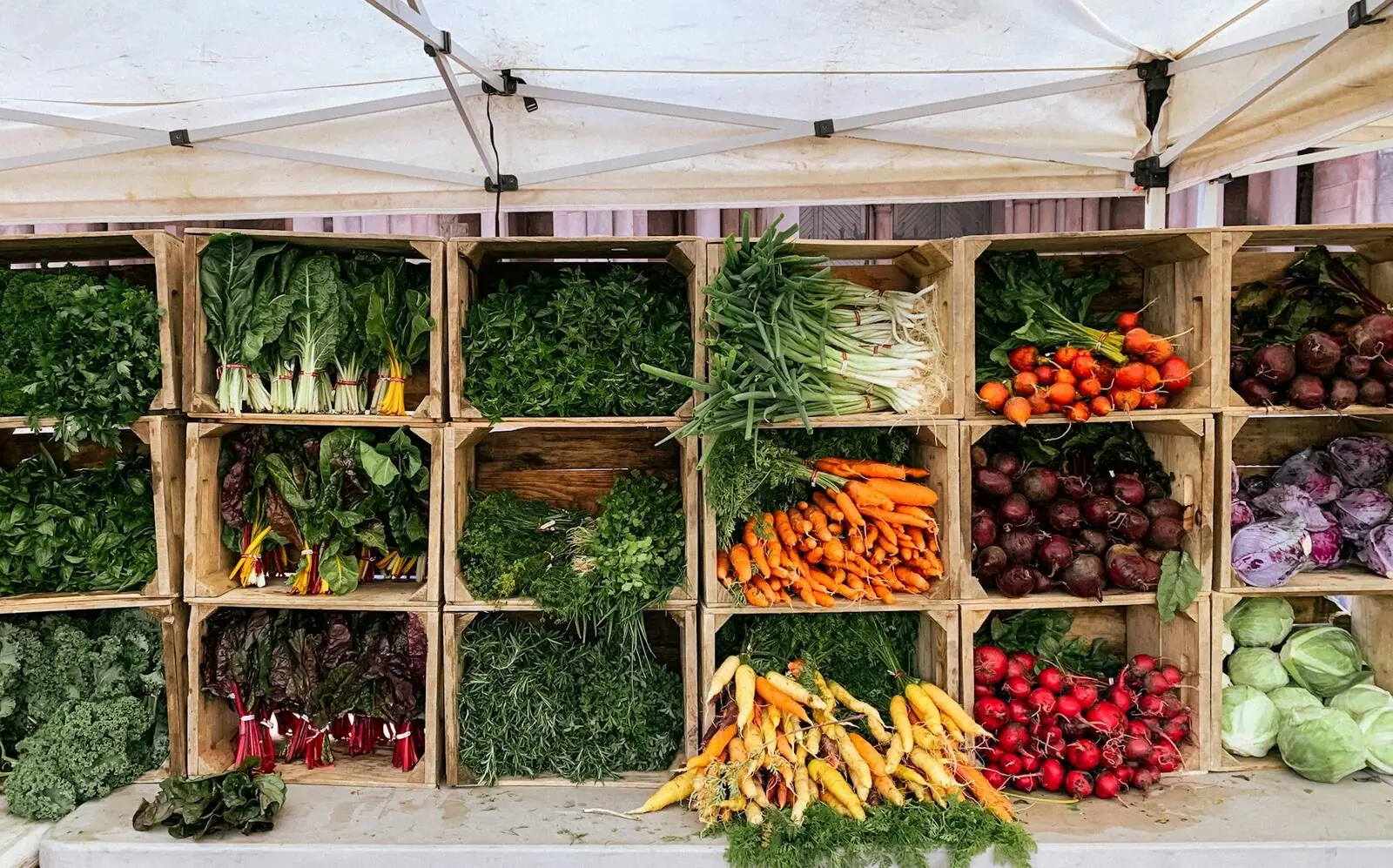 Fresh produce in wooden crates
