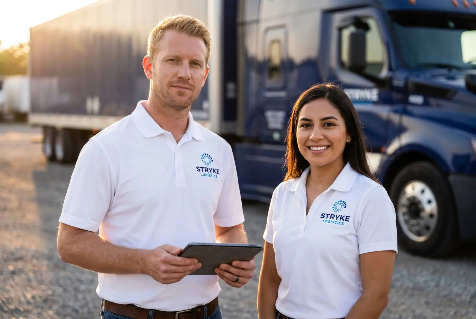 Two Stryke Logistics account managers in branded polo shirts beside a tractor-trailer