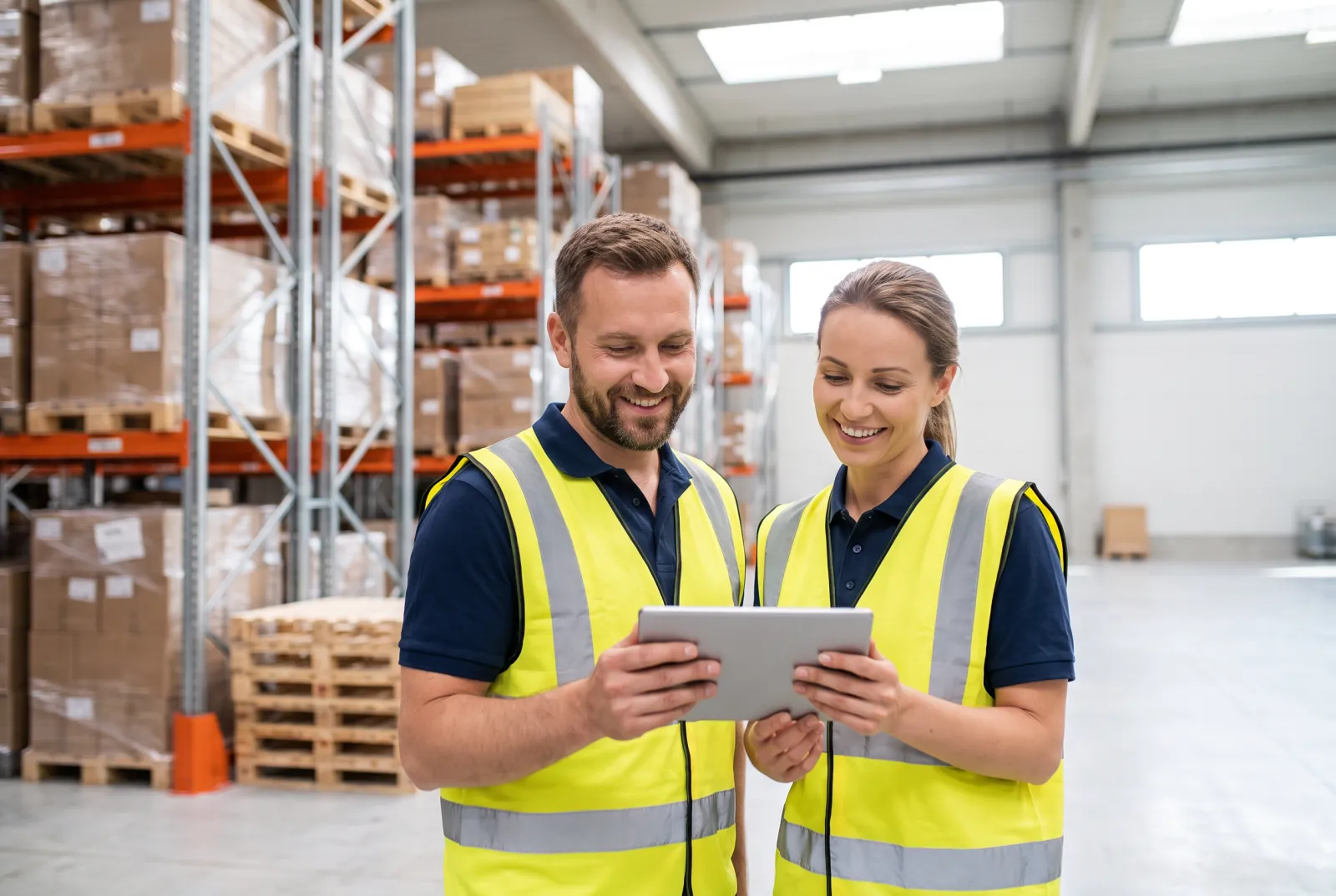 Two colleagues in high-visibility vests reviewing a shipment on a tablet in a warehouse